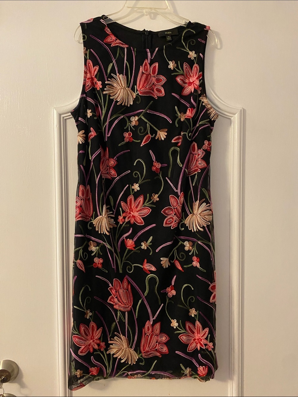 Black Floral Embroidered on Sheer Sleeveless Shift Dress, Lined.
